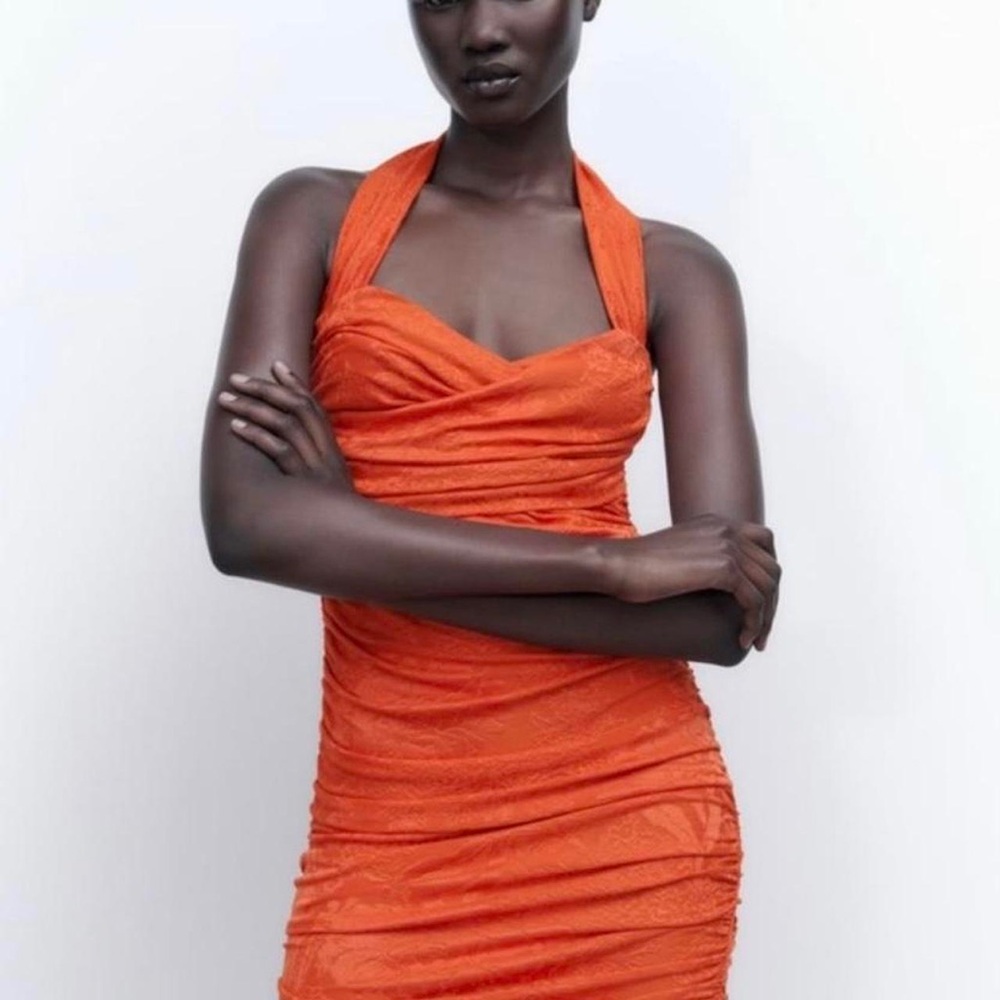 Zara Orange Bodycon Ruched Halter Dress
